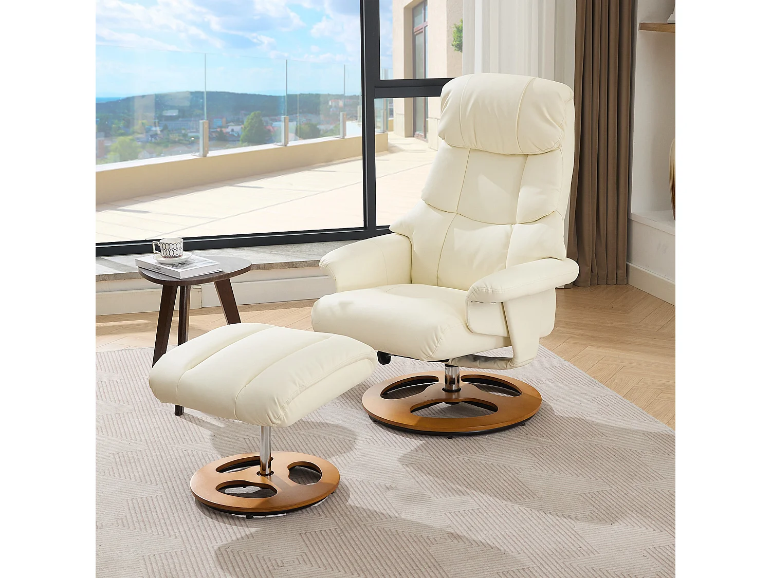 Sillón reclinable giratorio de tela con calefacción, masaje y reposapiés - Blanco PU