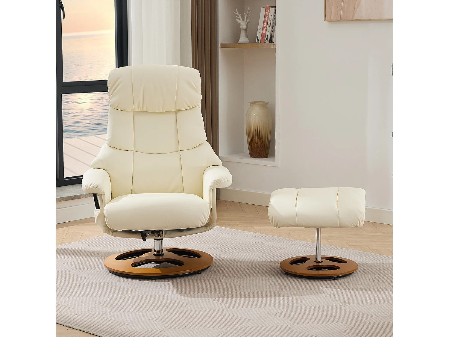Sillón reclinable giratorio de tela con calefacción, masaje y reposapiés - Blanco PU