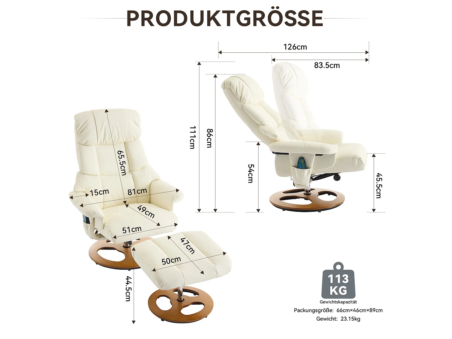 Sillón reclinable giratorio de tela con calefacción, masaje y reposapiés - Blanco PU