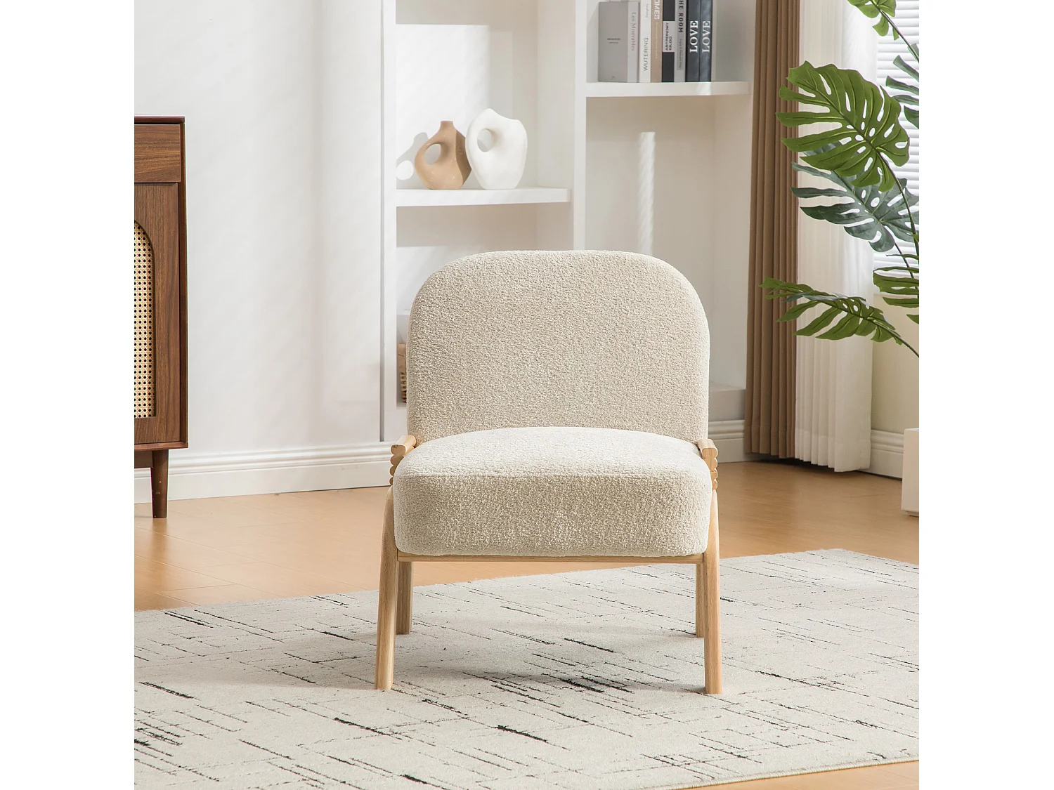 Fauteuil en tissu chenille avec structure en bois - Beige