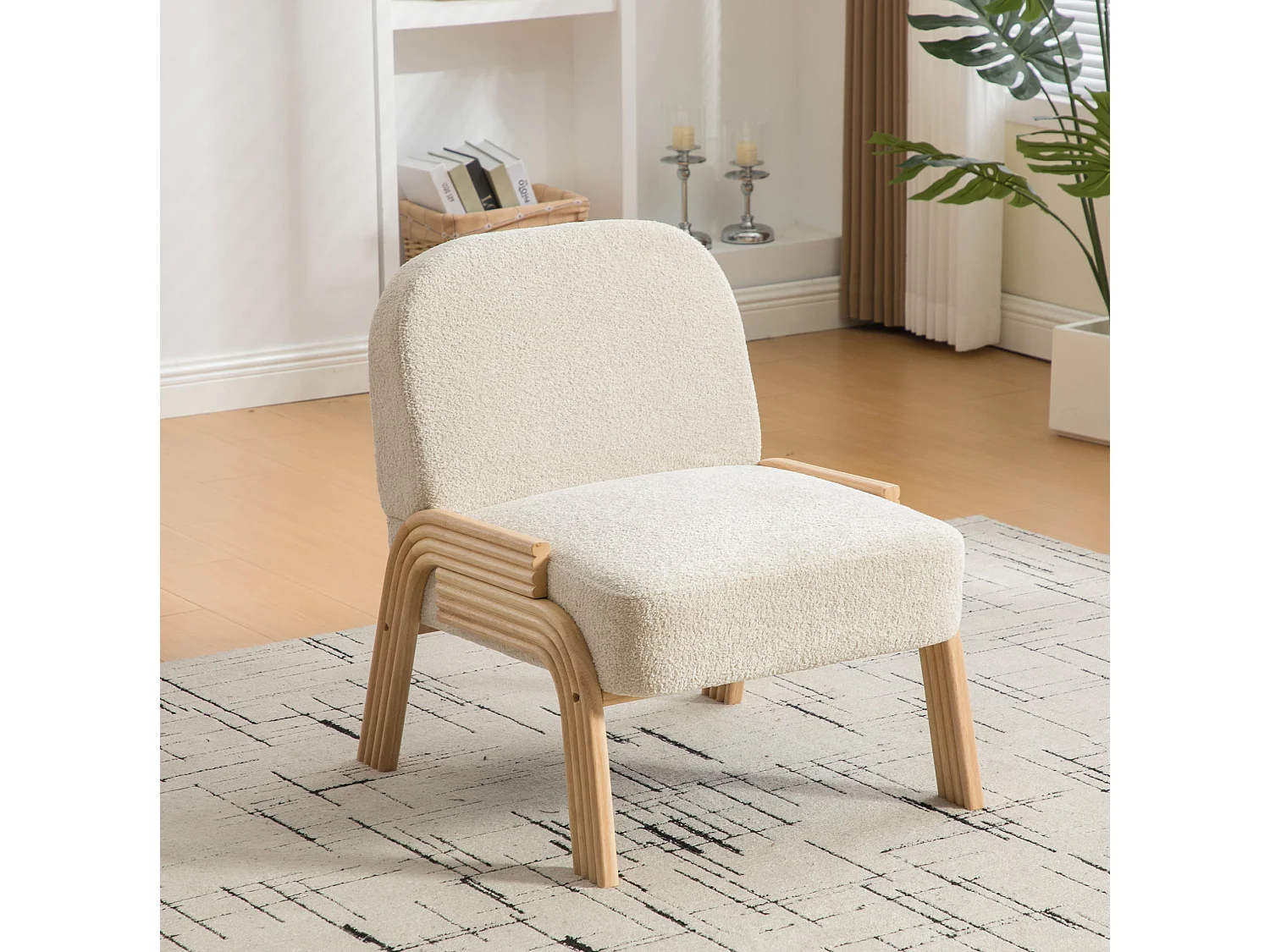 Fauteuil en tissu chenille avec structure en bois - Beige