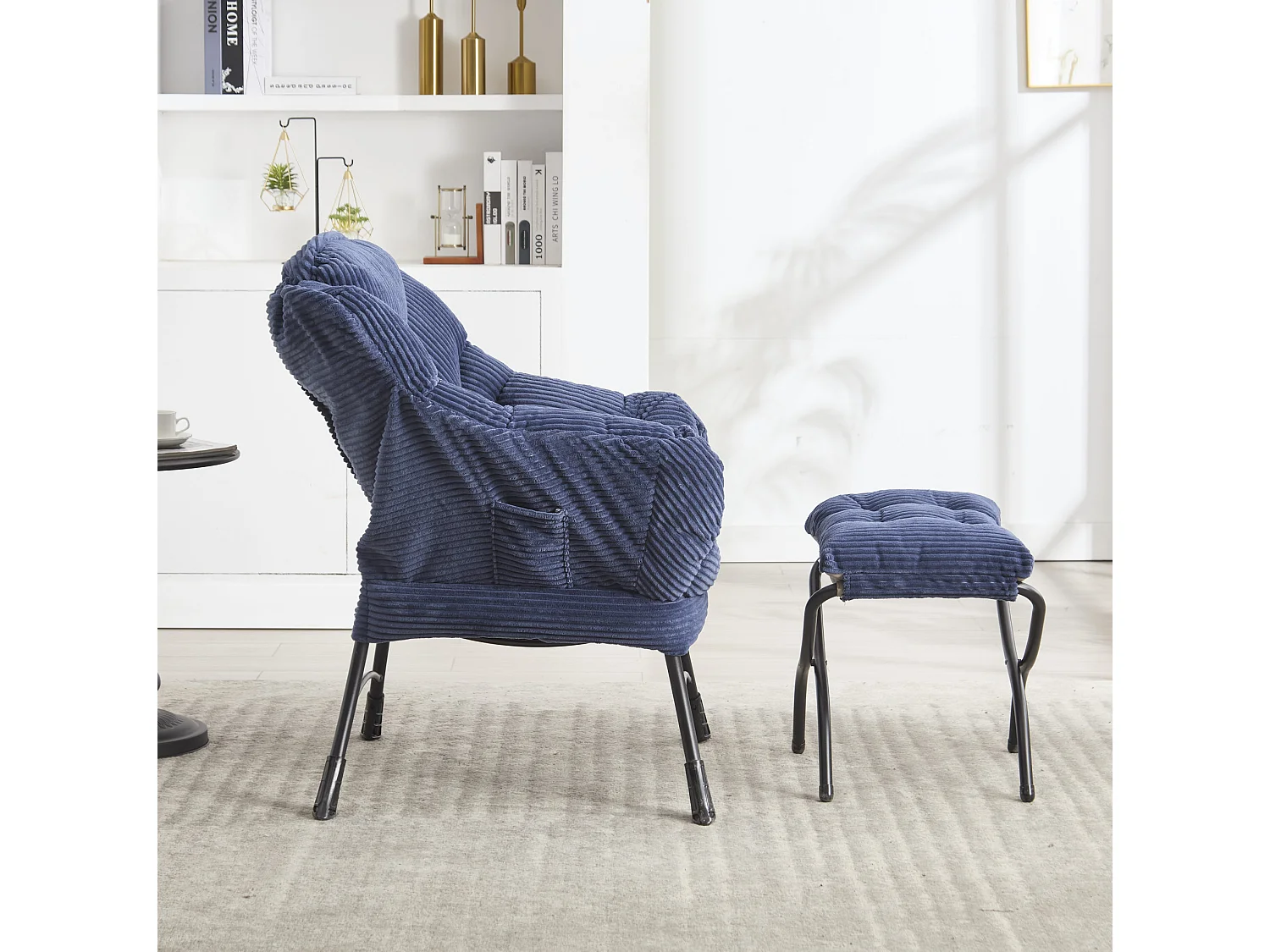 Fauteuil met voetensteun - Stalen frame - Marineblauwe stof