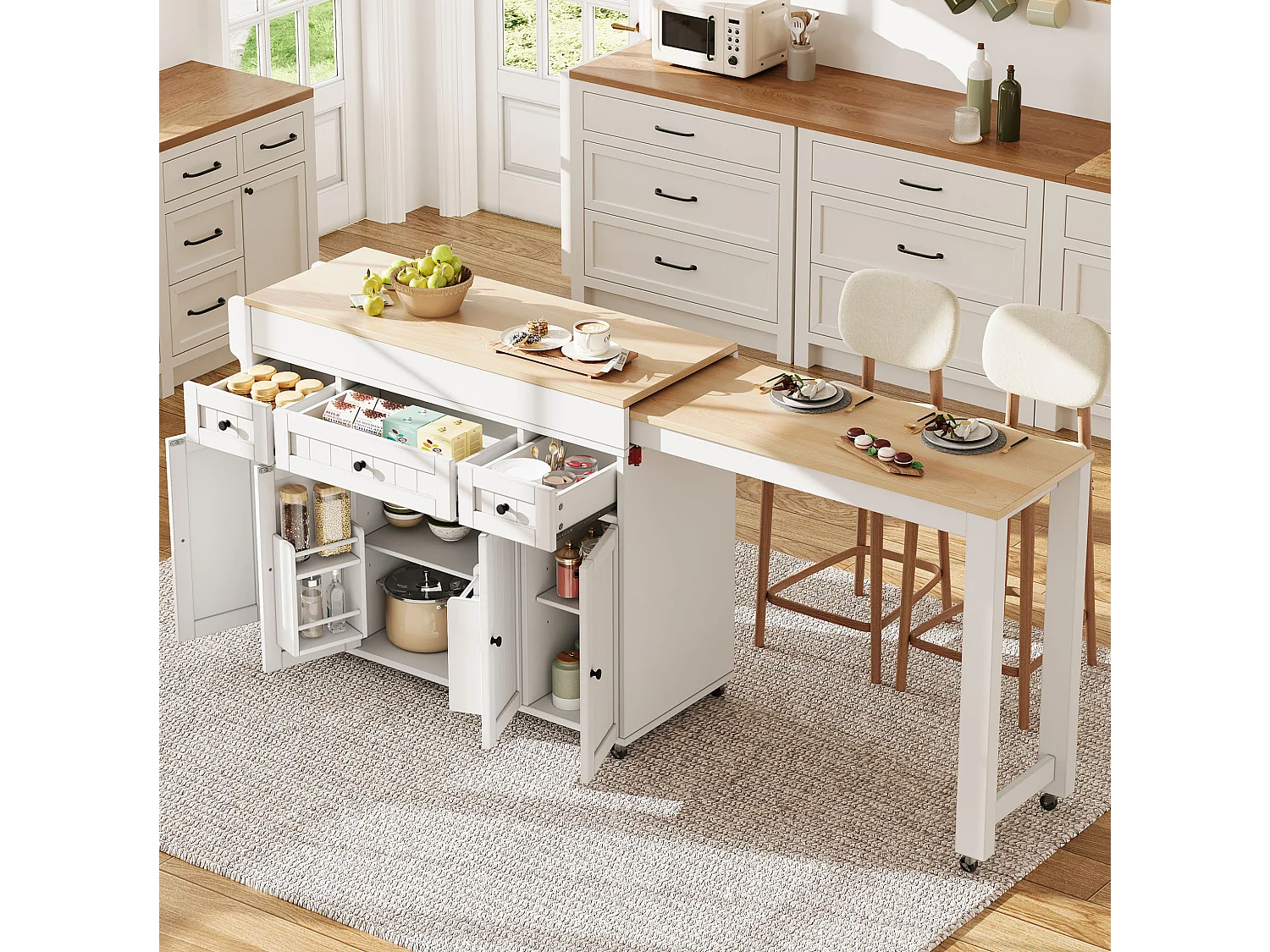 Îlot de cuisine sur roulettes avec extensible plateau, 3 tiroirs et 4 portes - Blanc