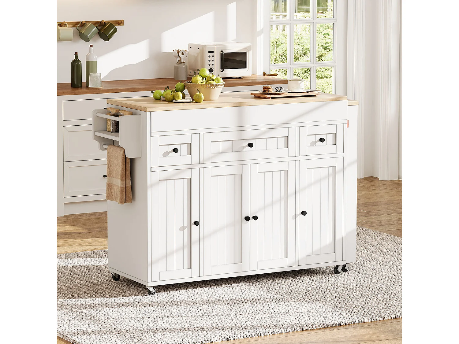 Îlot de cuisine sur roulettes avec extensible plateau, 3 tiroirs et 4 portes - Blanc