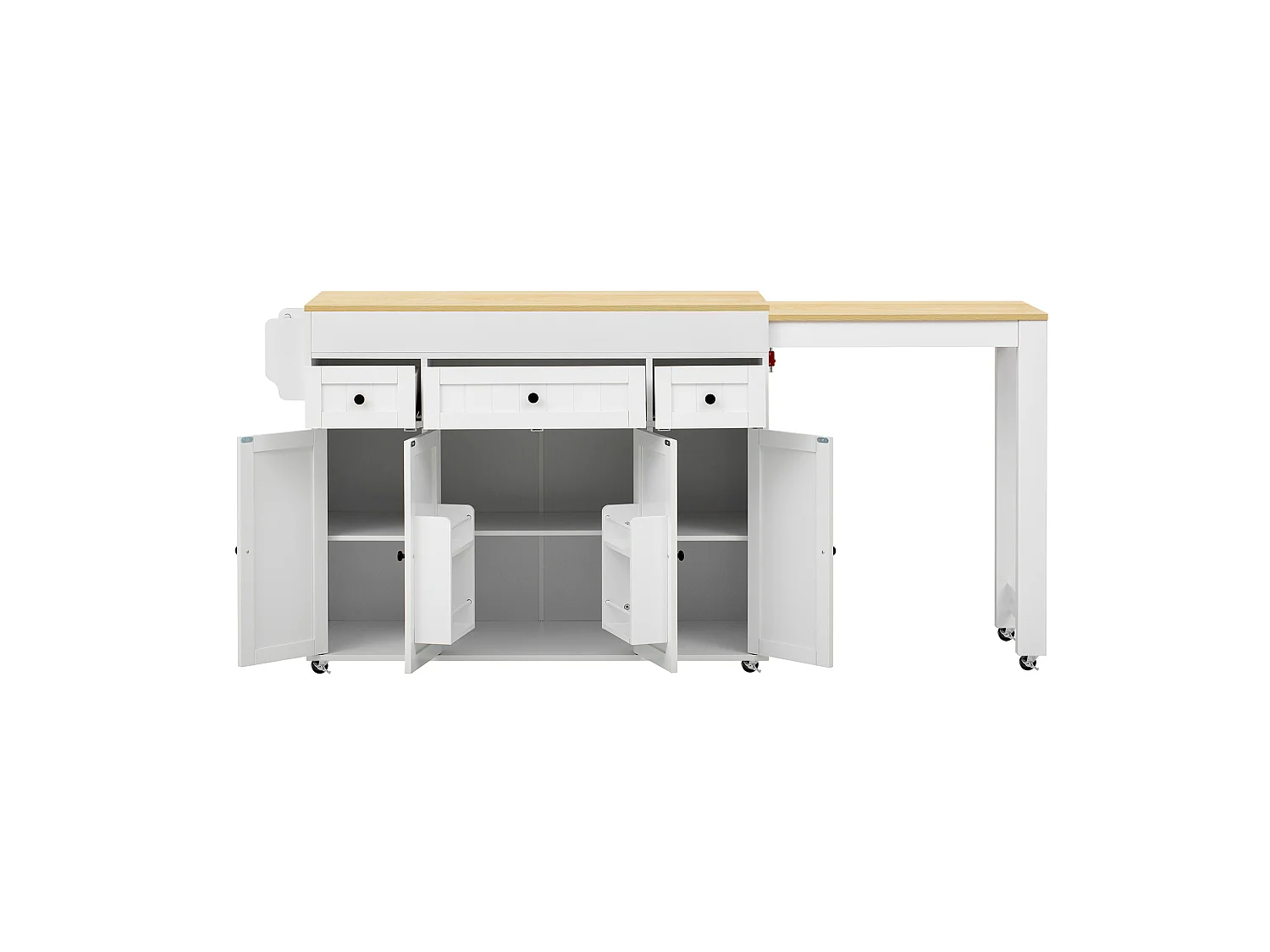 Îlot de cuisine sur roulettes avec extensible plateau, 3 tiroirs et 4 portes - Blanc