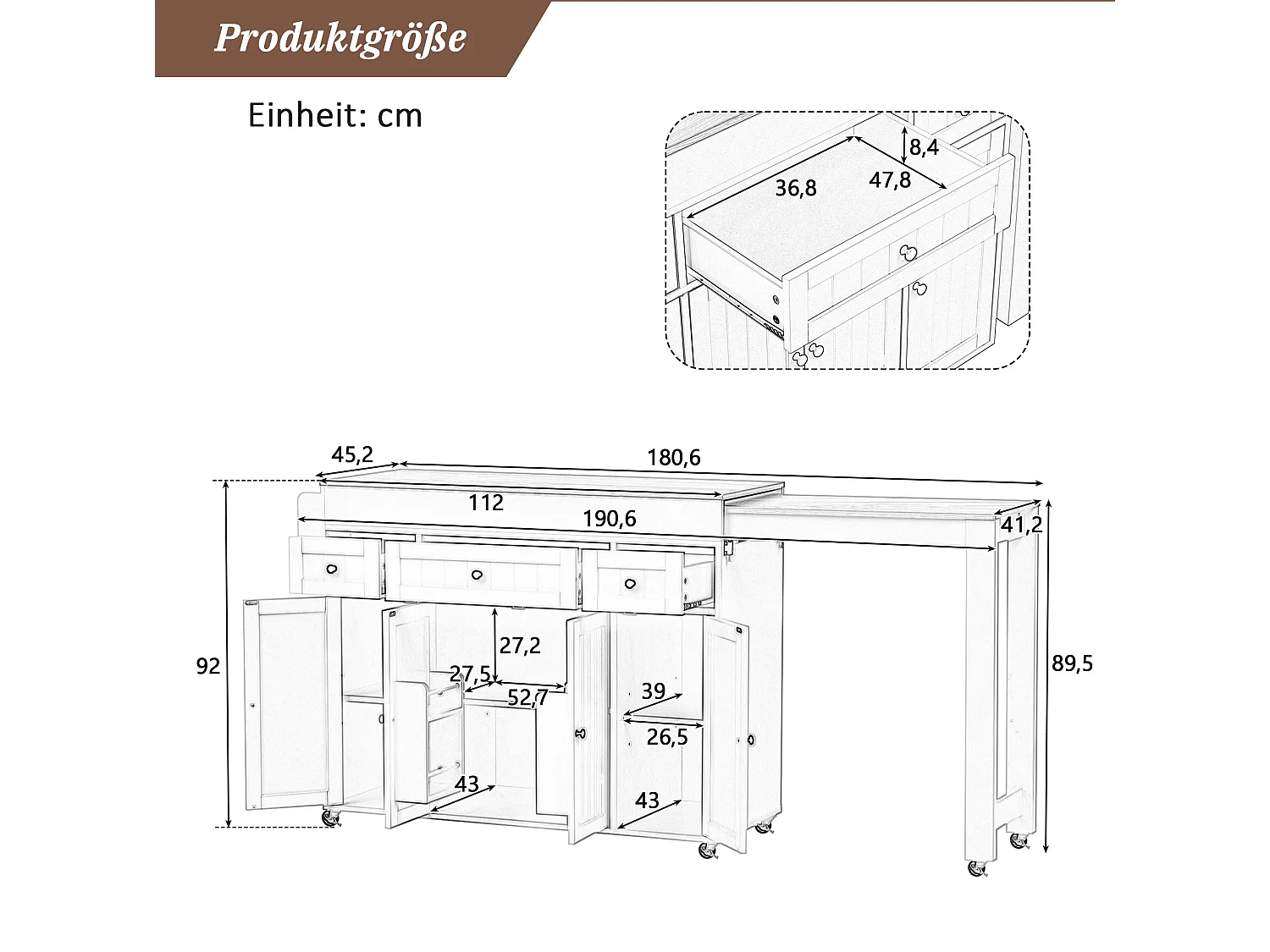 Îlot de cuisine sur roulettes avec extensible plateau, 3 tiroirs et 4 portes - Blanc