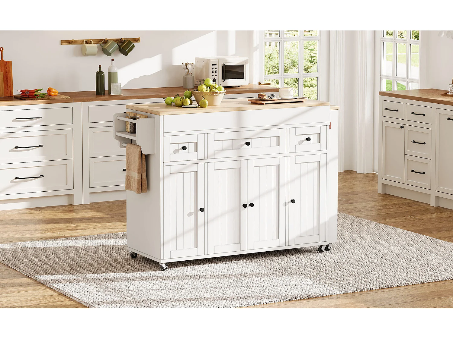 Îlot de cuisine sur roulettes avec extensible plateau, 3 tiroirs et 4 portes - Blanc