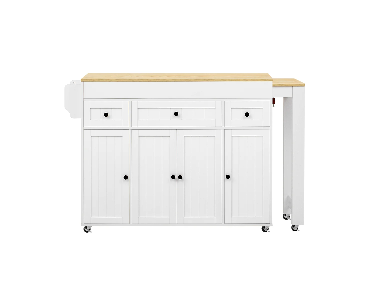 Îlot de cuisine sur roulettes avec extensible plateau, 3 tiroirs et 4 portes - Blanc