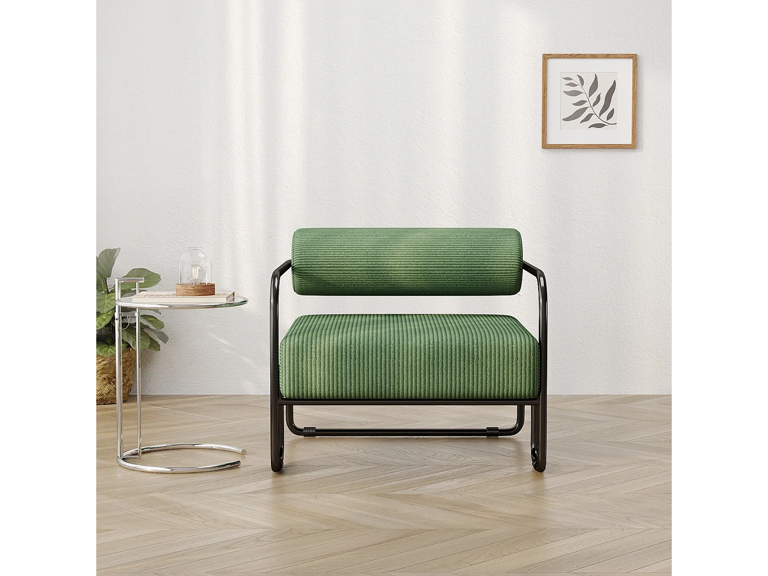 Fauteuil en velours côtelé vert avec structure en métal noir