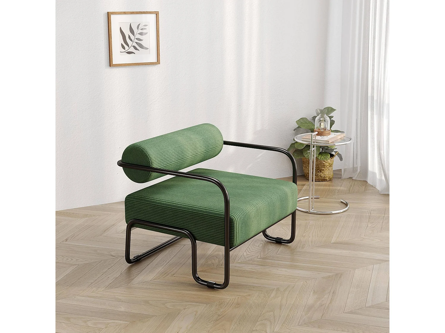 Fauteuil en velours côtelé vert avec structure en métal noir