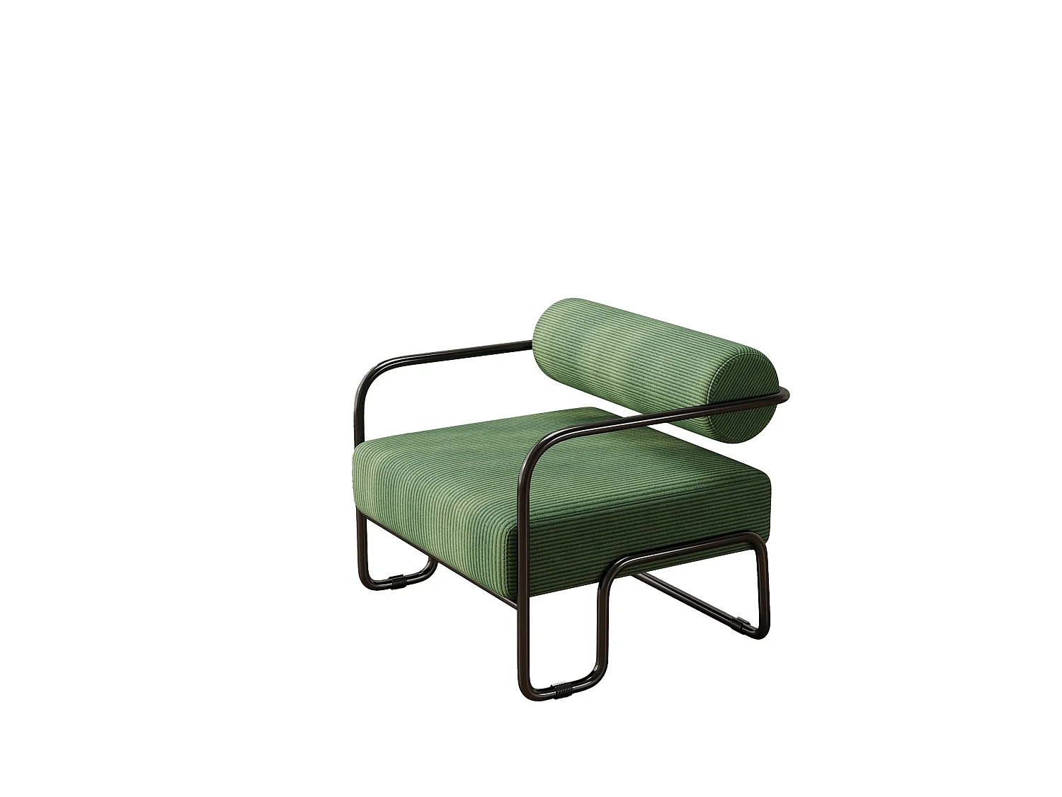Fauteuil en velours côtelé vert avec structure en métal noir