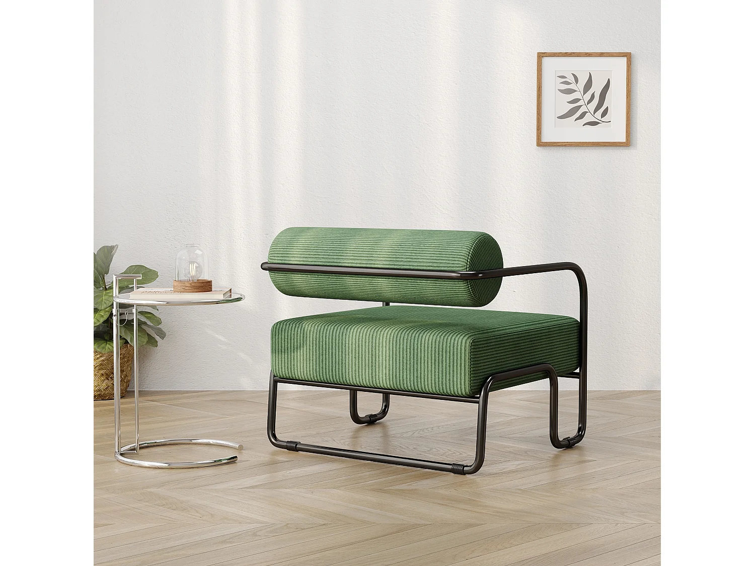 Fauteuil en velours côtelé vert avec structure en métal noir