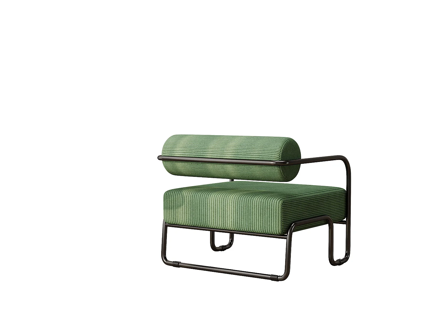 Fauteuil en velours côtelé vert avec structure en métal noir