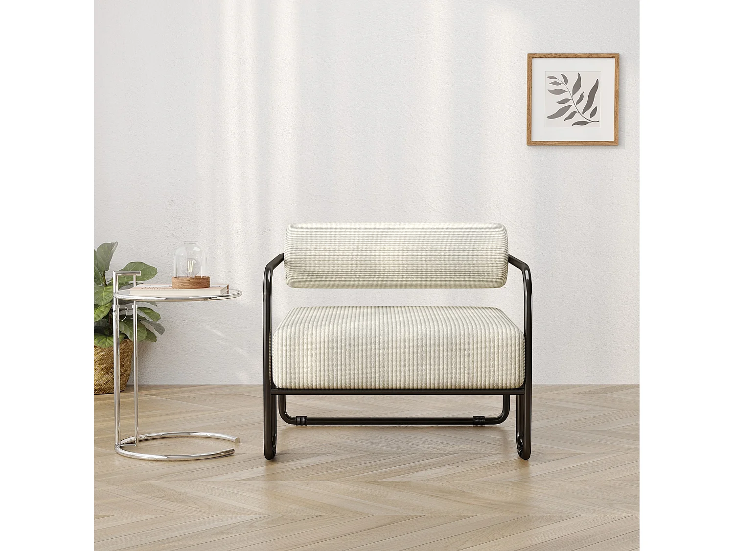 Fauteuil en velours côtelé beige avec structure en métal noir
