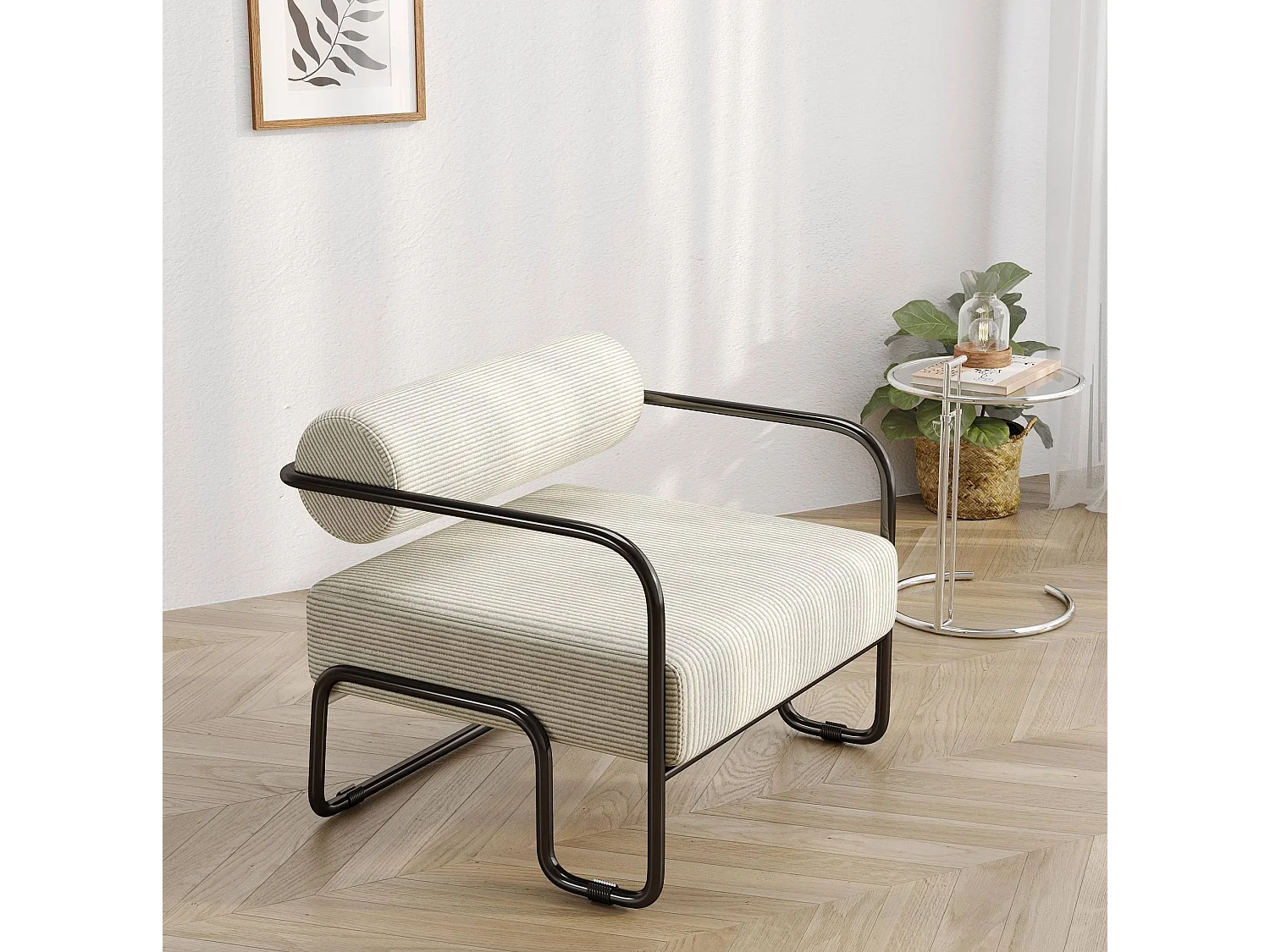 Fauteuil en velours côtelé beige avec structure en métal noir