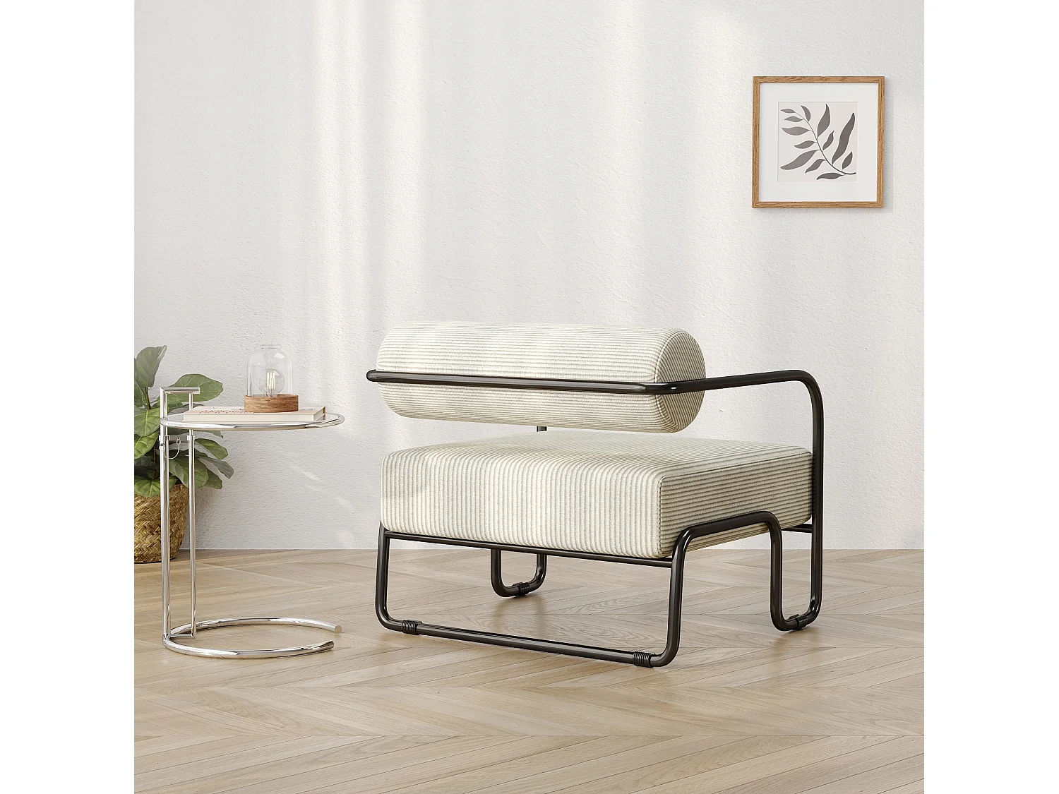 Fauteuil en velours côtelé beige avec structure en métal noir