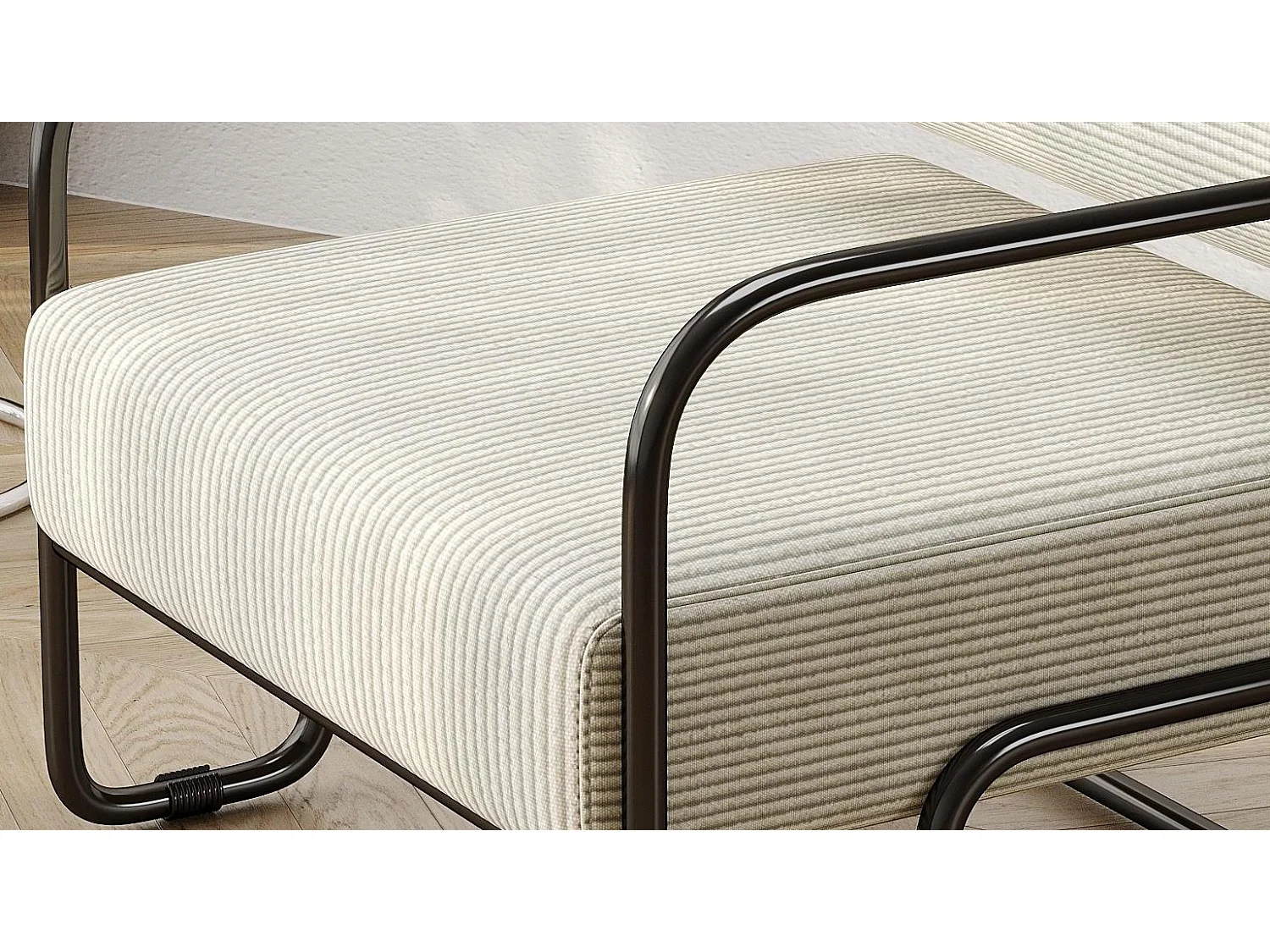 Fauteuil en velours côtelé beige avec structure en métal noir