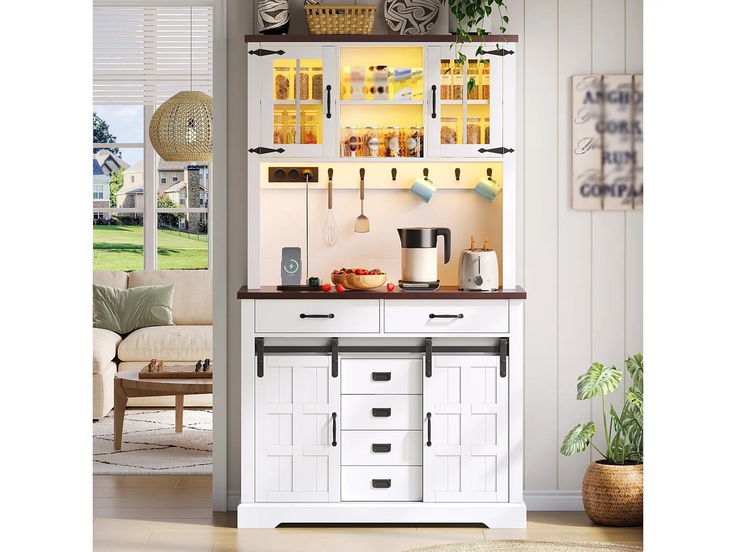 Wit keukendressoir, 108x40x181 cm, met ledverlichting, stopcontacten, 4 deuren en 6 lades.