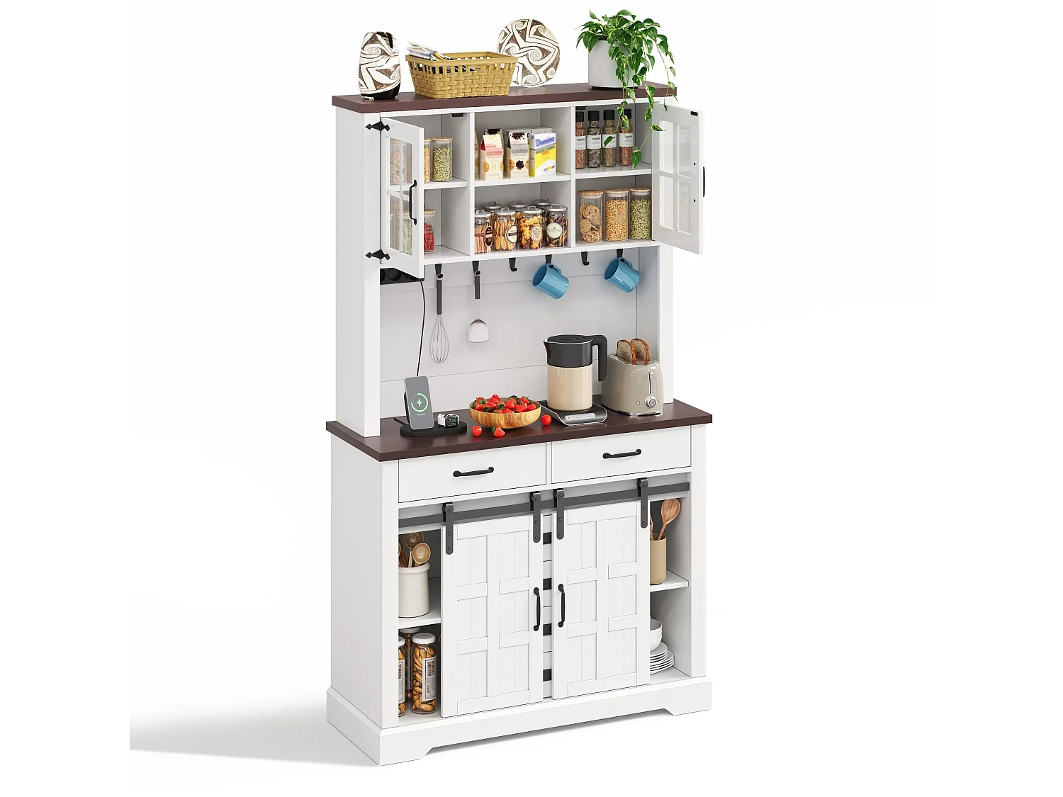 Wit keukendressoir, 108x40x181 cm, met ledverlichting, stopcontacten, 4 deuren en 6 lades.