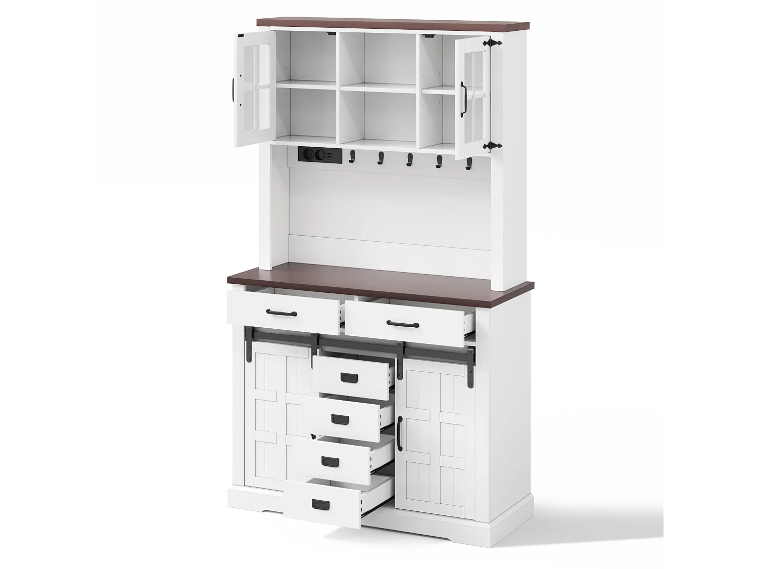 Wit keukendressoir, 108x40x181 cm, met ledverlichting, stopcontacten, 4 deuren en 6 lades.