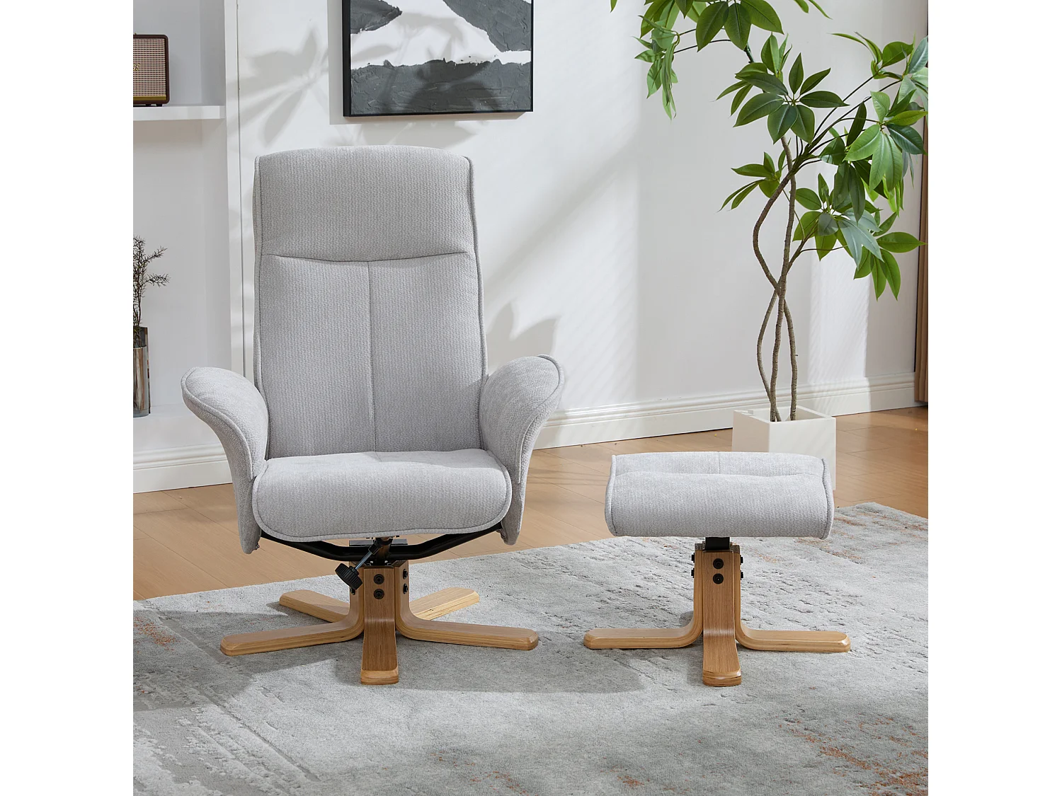 Fauteuil relax pivotant gris en chenille avec repose-pieds - Dossier réglable 145°