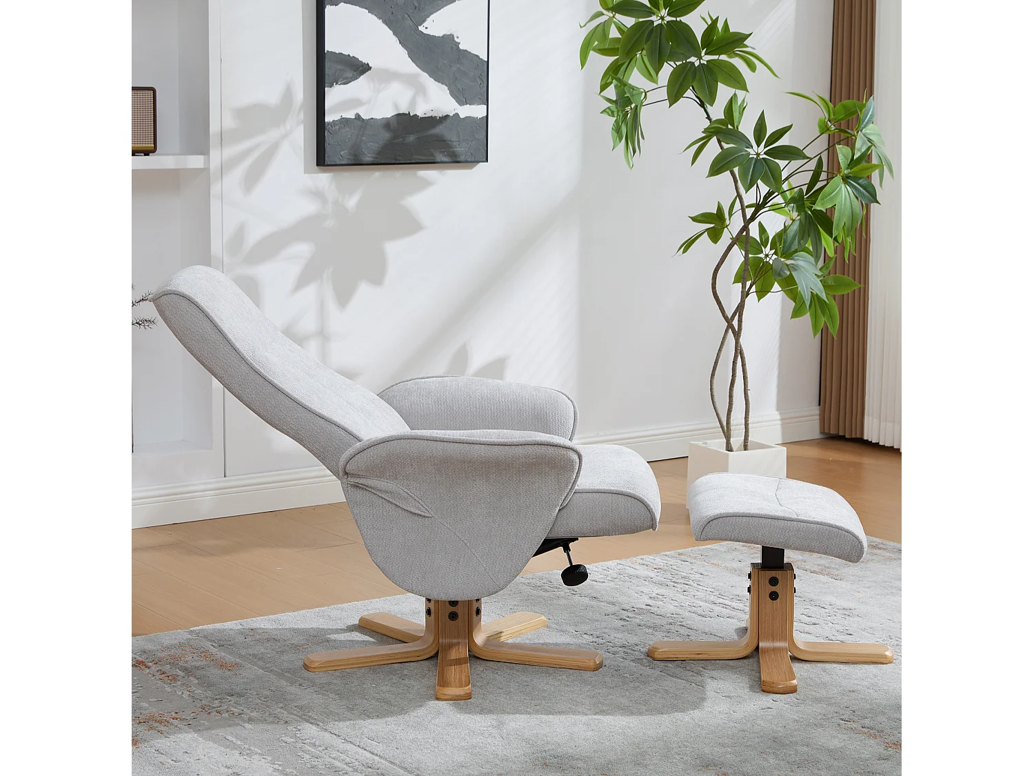 Fauteuil relax pivotant gris en chenille avec repose-pieds - Dossier réglable 145°