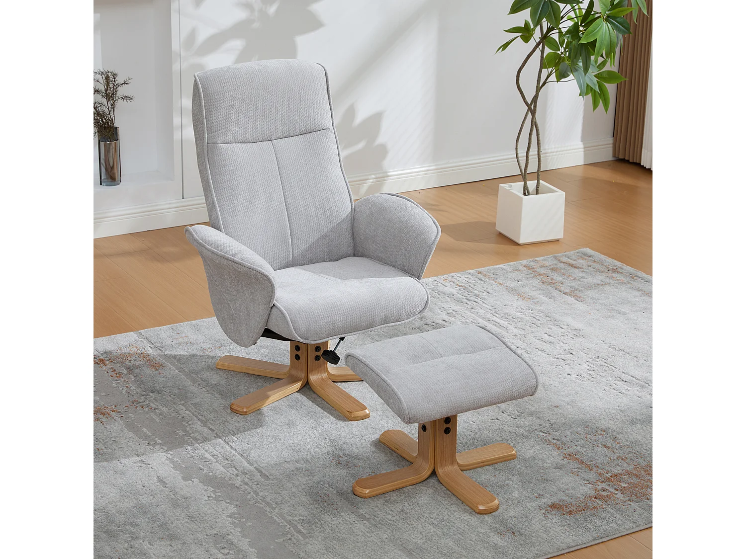 Fauteuil relax pivotant gris en chenille avec repose-pieds - Dossier réglable 145°