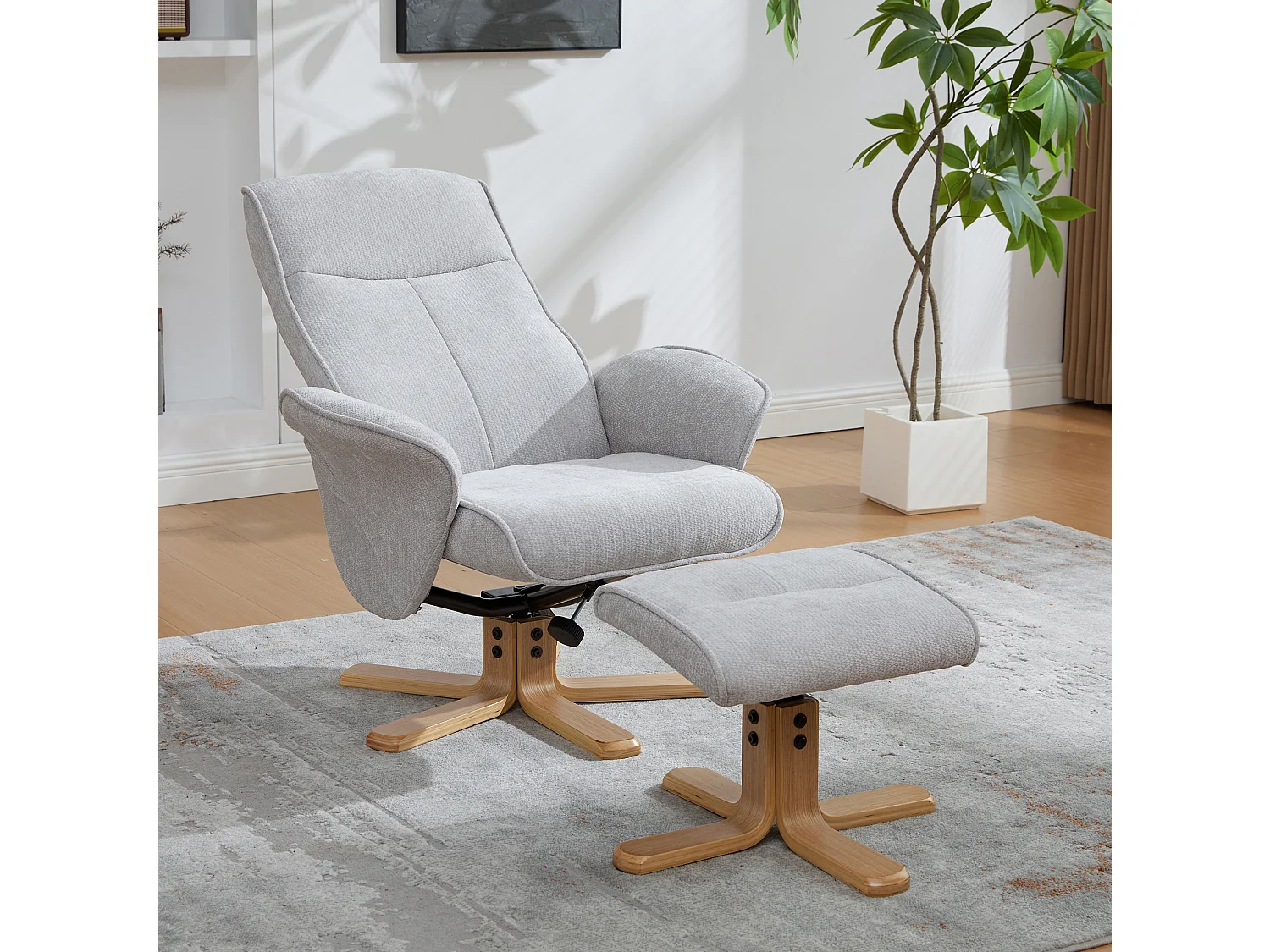Fauteuil relax pivotant gris en chenille avec repose-pieds - Dossier réglable 145°
