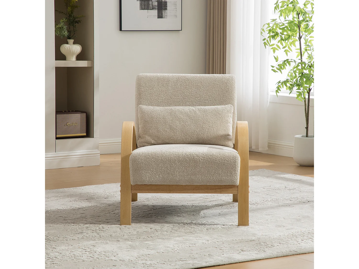 Fauteuil en tissu chenille avec accoudoir et coussin - Structure en bois - Beige