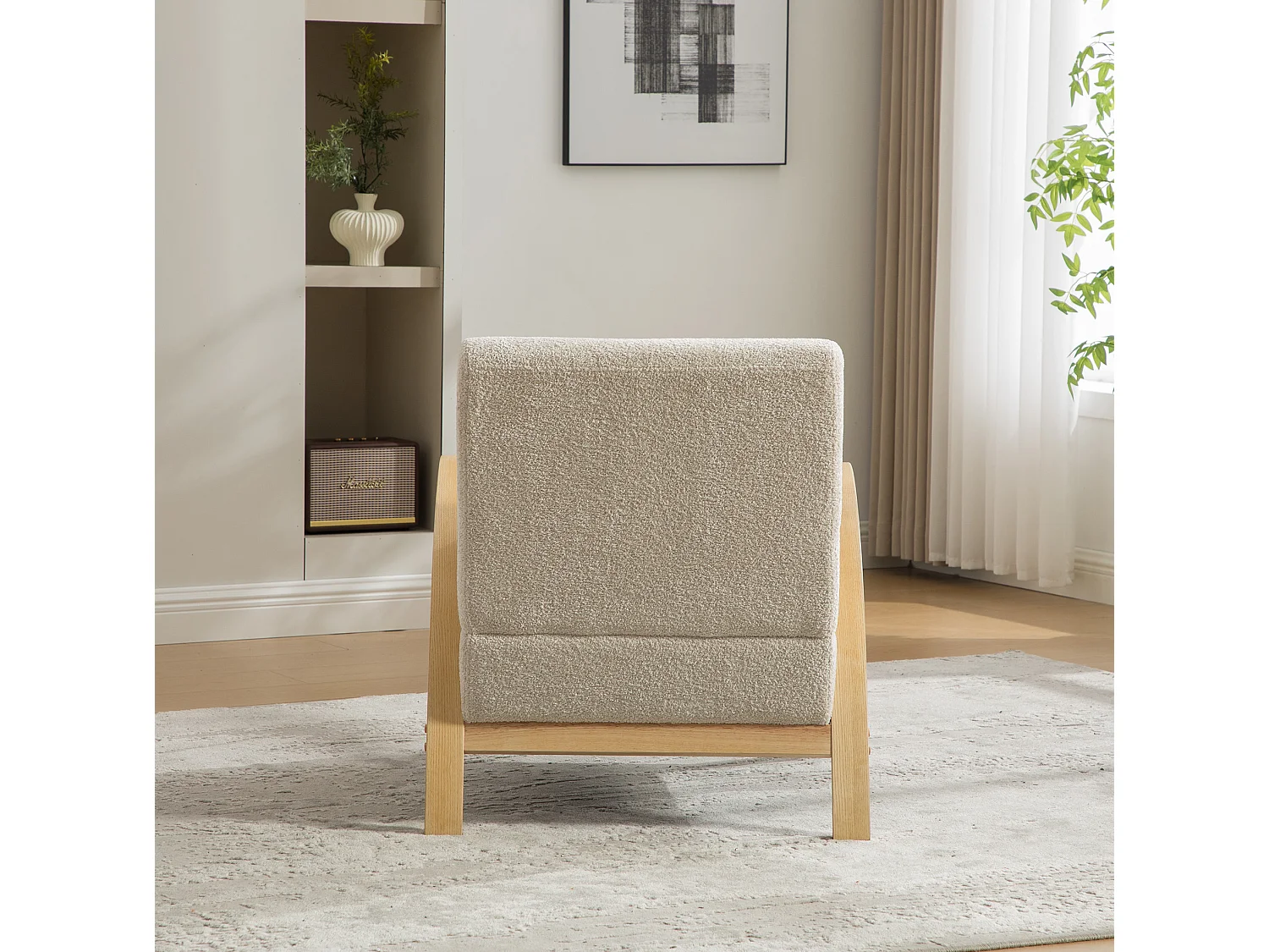 Fauteuil en tissu chenille avec accoudoir et coussin - Structure en bois - Beige