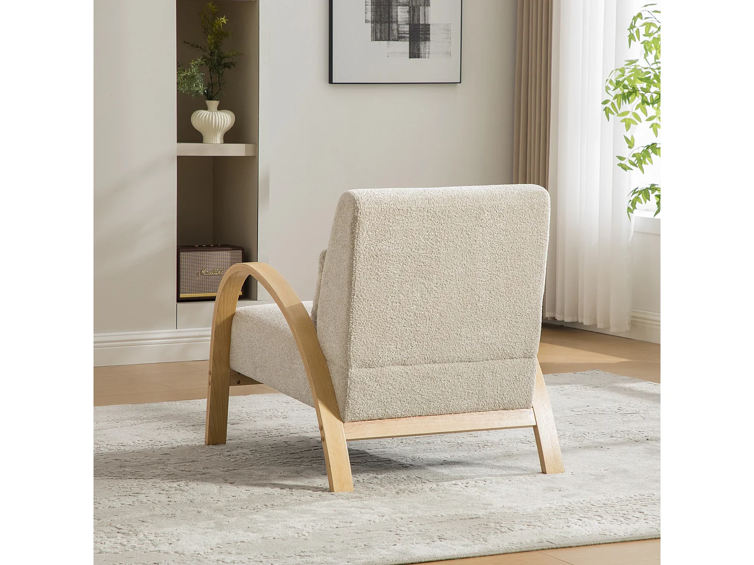 Fauteuil en tissu chenille avec accoudoir et coussin - Structure en bois - Beige