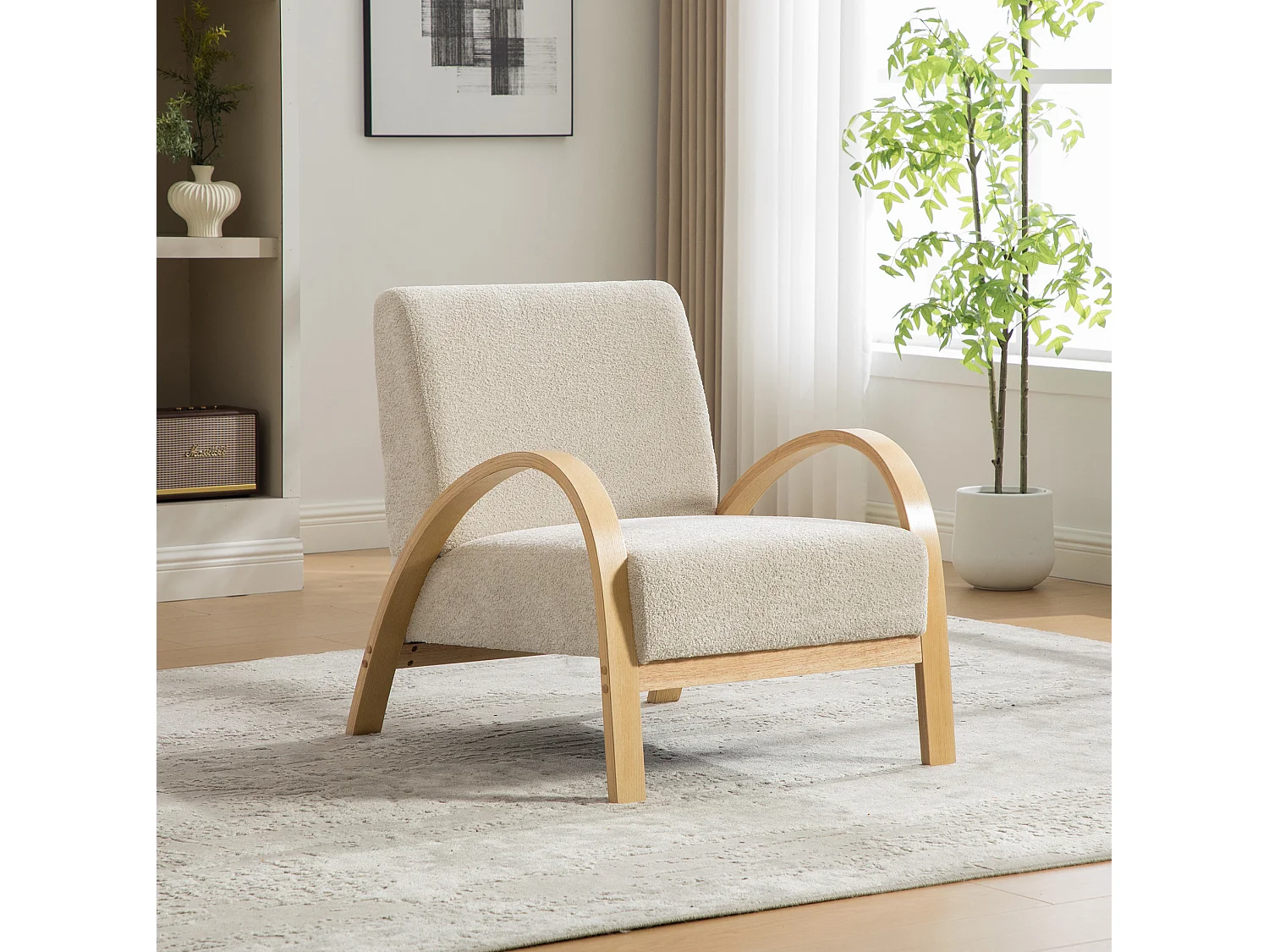 Fauteuil en tissu chenille avec accoudoir et coussin - Structure en bois - Beige