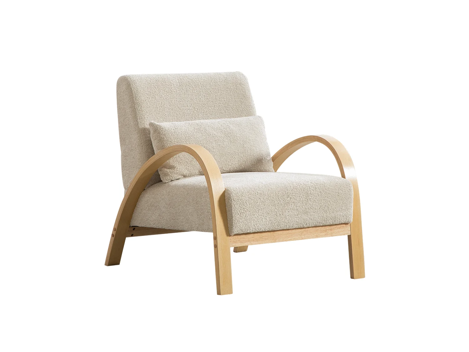 Fauteuil en tissu chenille avec accoudoir et coussin - Structure en bois - Beige