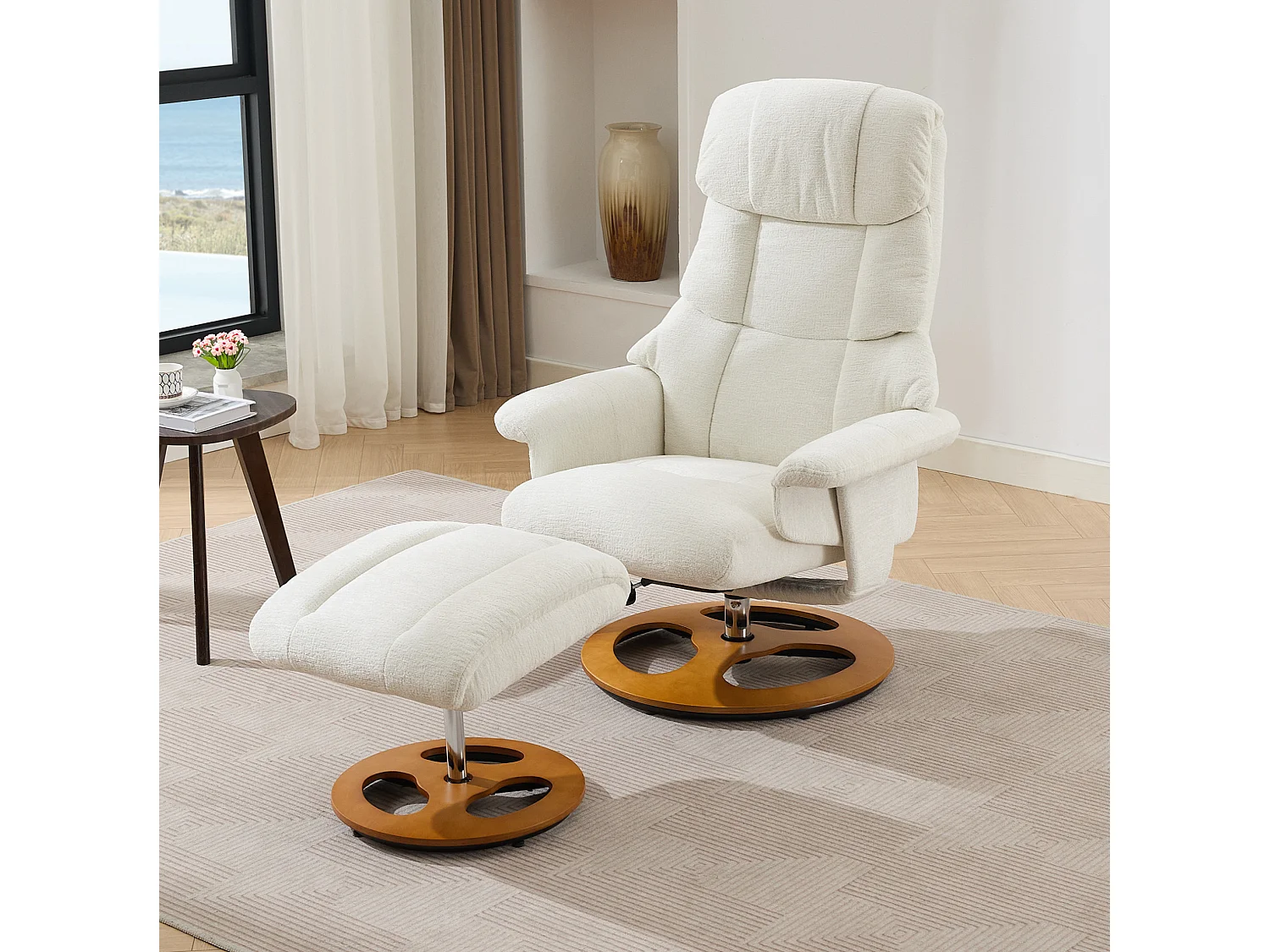 Sillón reclinable giratorio de tela con calefacción, masaje y reposapiés - Blanco