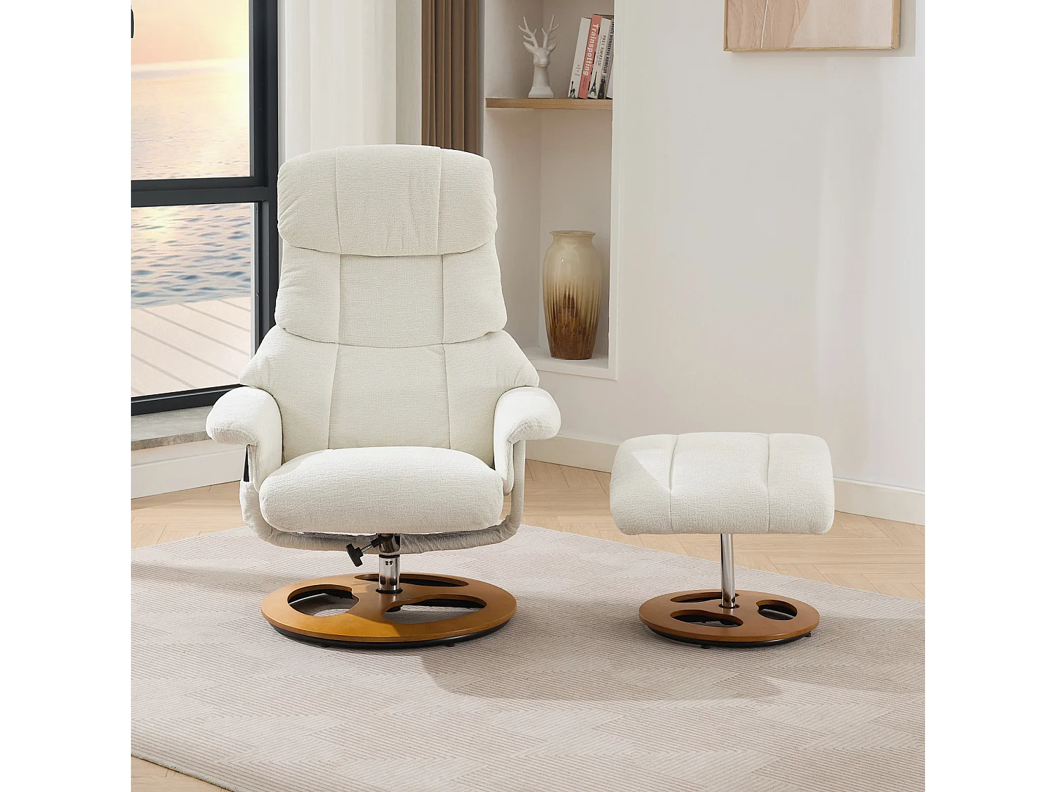 Sillón reclinable giratorio de tela con calefacción, masaje y reposapiés - Blanco