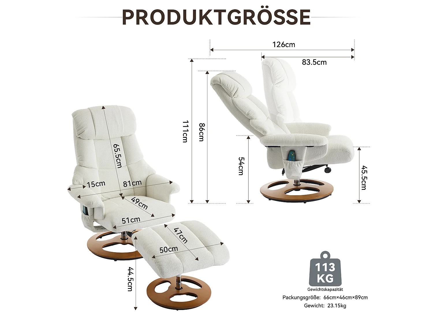 Sillón reclinable giratorio de tela con calefacción, masaje y reposapiés - Blanco