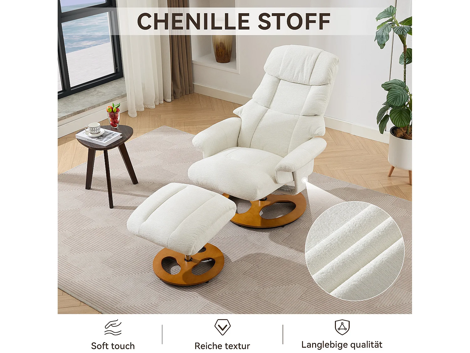 Sillón reclinable giratorio de tela con calefacción, masaje y reposapiés - Blanco