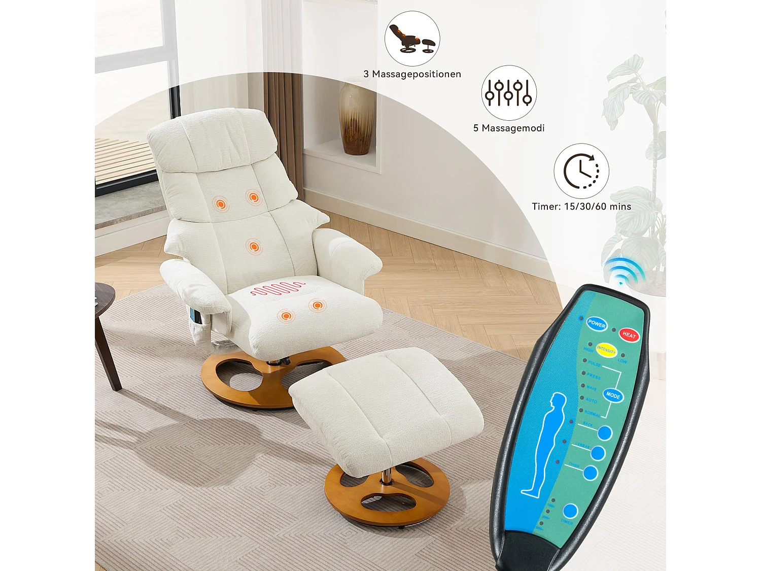 Sillón reclinable giratorio de tela con calefacción, masaje y reposapiés - Blanco