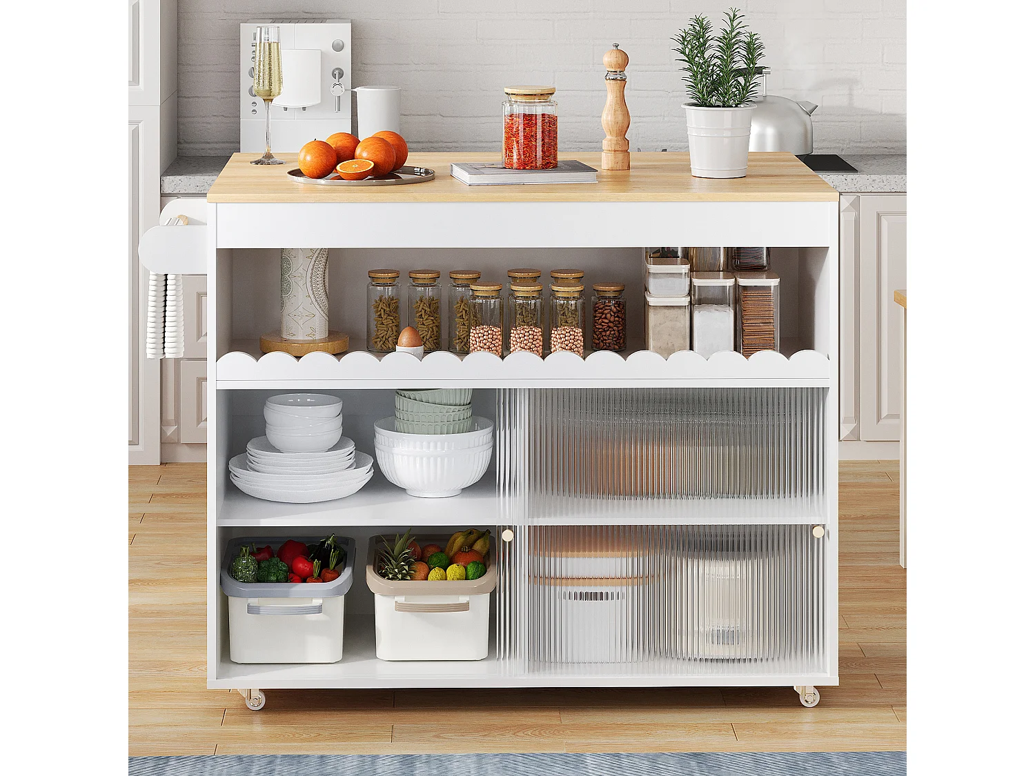 Isola cucina su ruote, 122 x 46(69) cm, con ante scorrevoli - Bianco e legno