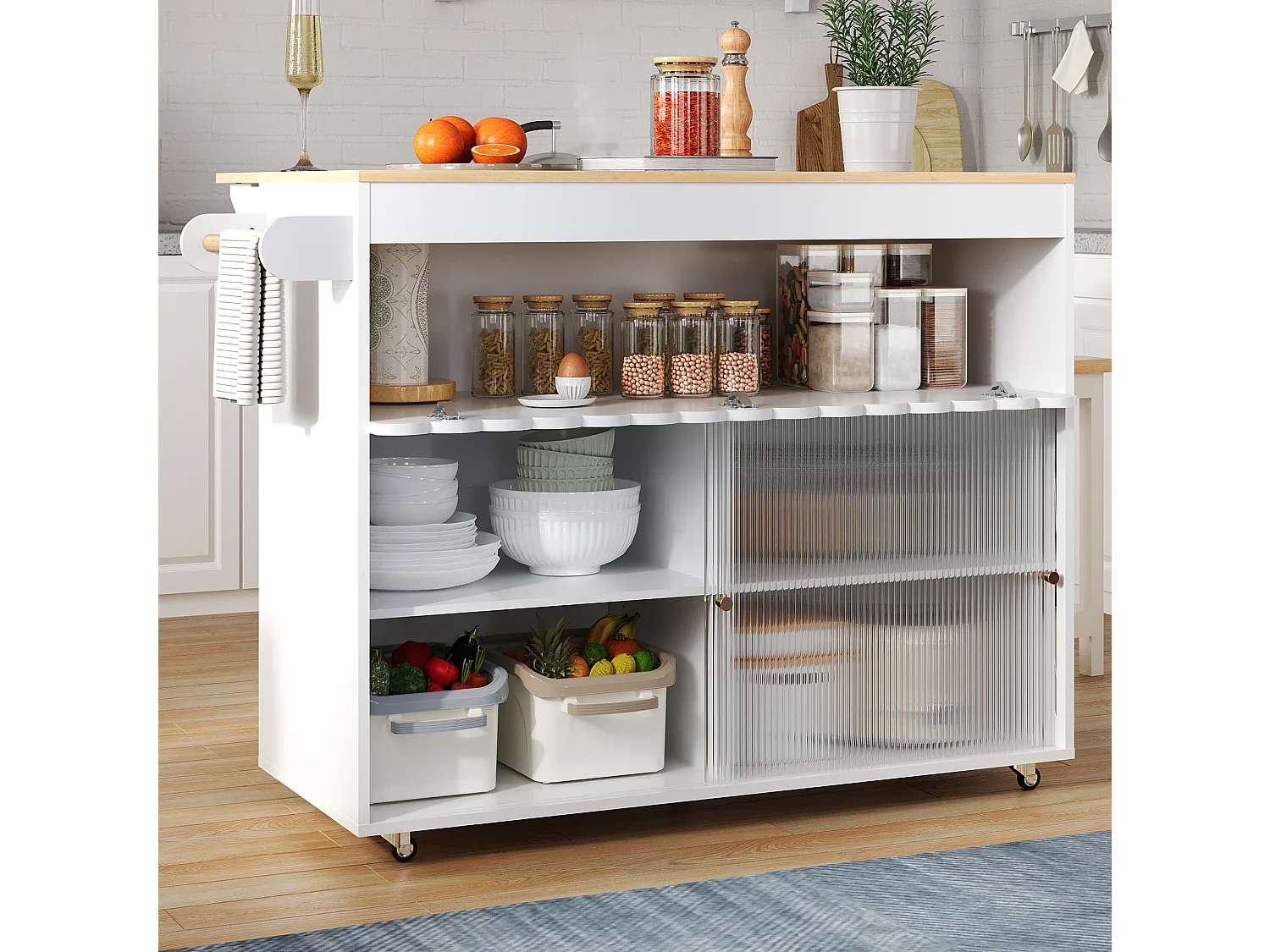 Isola cucina su ruote, 122 x 46(69) cm, con ante scorrevoli - Bianco e legno