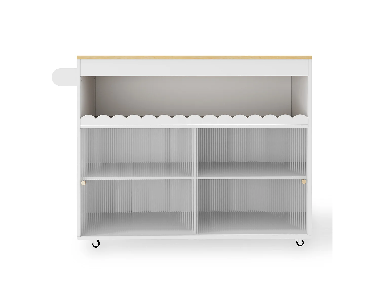 Isola cucina su ruote, 122 x 46(69) cm, con ante scorrevoli - Bianco e legno