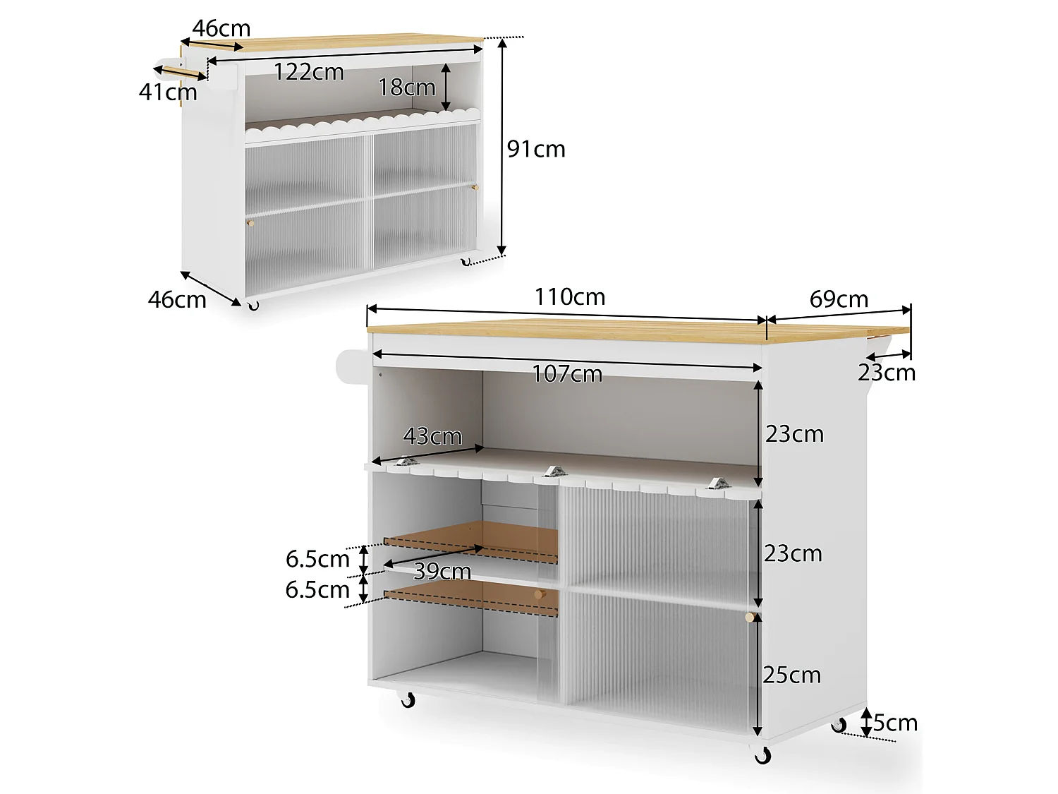 Isola cucina su ruote, 122 x 46(69) cm, con ante scorrevoli - Bianco e legno