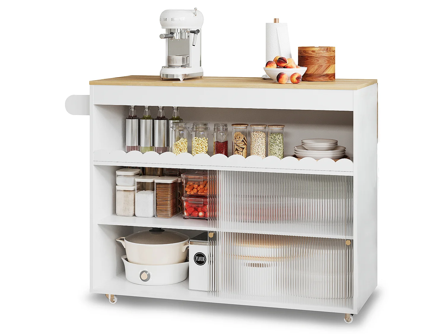 Isola cucina su ruote, 122 x 46(69) cm, con ante scorrevoli - Bianco e legno