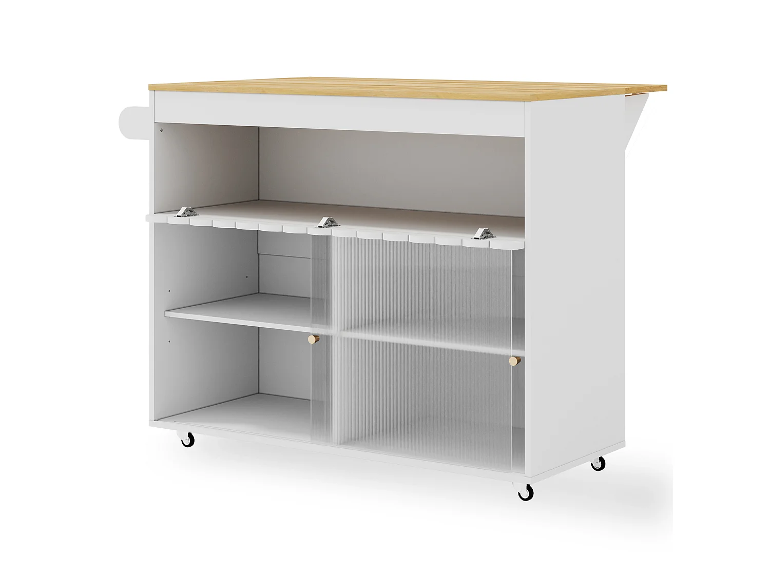 Isola cucina su ruote, 122 x 46(69) cm, con ante scorrevoli - Bianco e legno