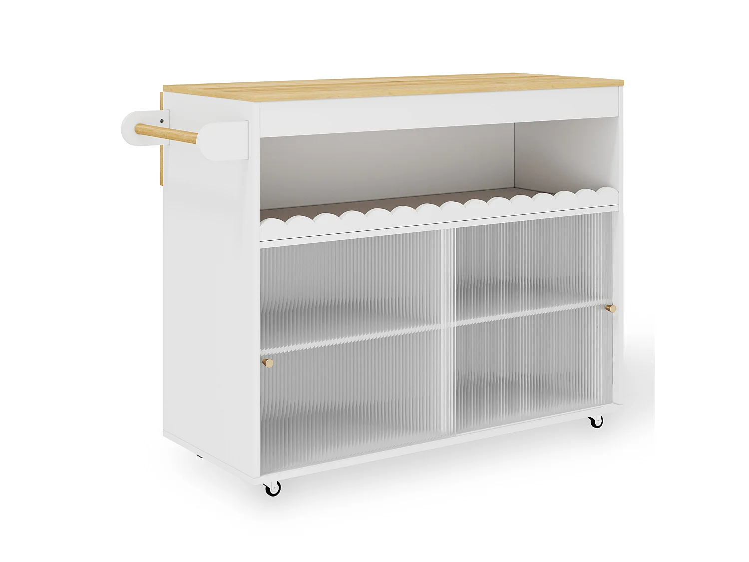Isola cucina su ruote, 122 x 46(69) cm, con ante scorrevoli - Bianco e legno