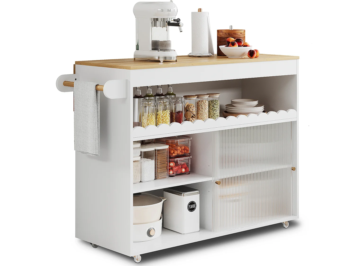 Isola cucina su ruote, 122 x 46(69) cm, con ante scorrevoli - Bianco e legno