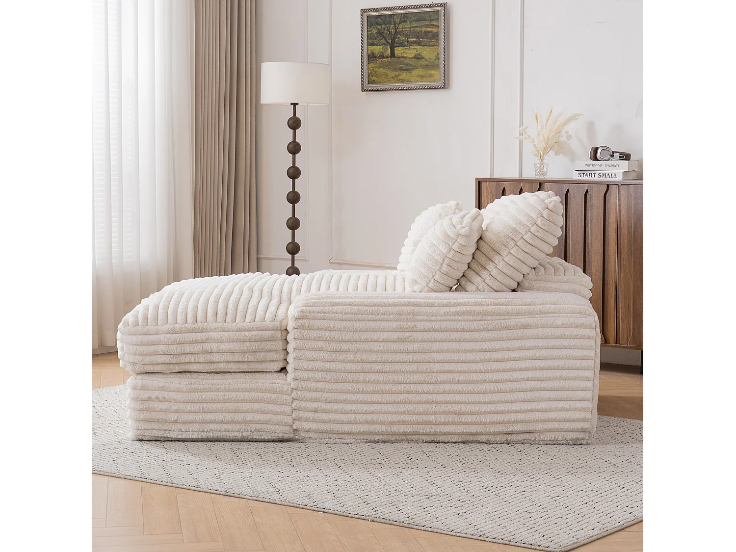 Chaise longue in velluto a coste beige, 135 x 165 cm, con 4 cuscini, non richiede montaggio
