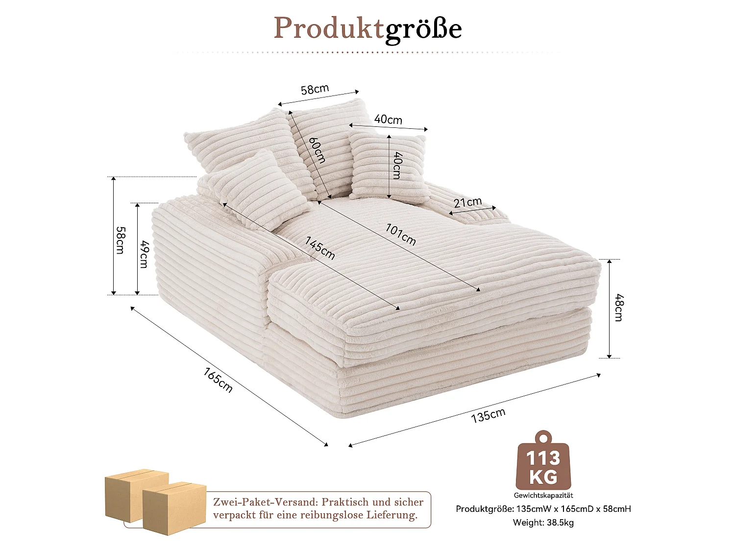 Chaise longue in velluto a coste beige, 135 x 165 cm, con 4 cuscini, non richiede montaggio