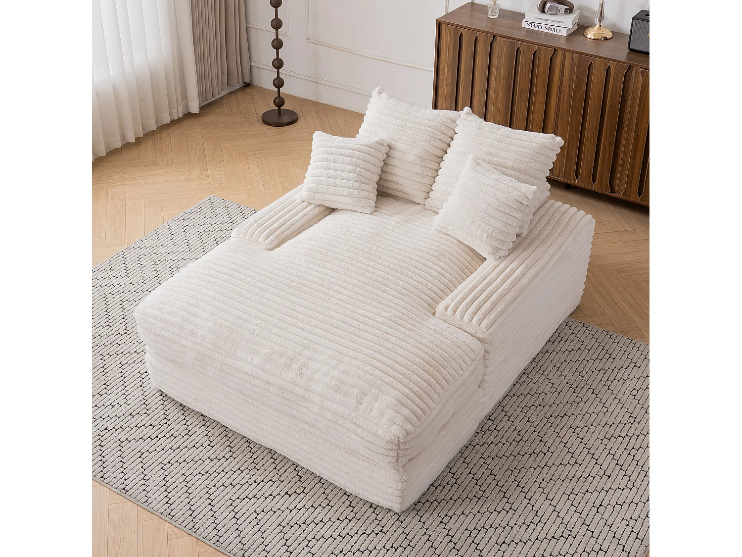 Chaise longue in velluto a coste beige, 135 x 165 cm, con 4 cuscini, non richiede montaggio