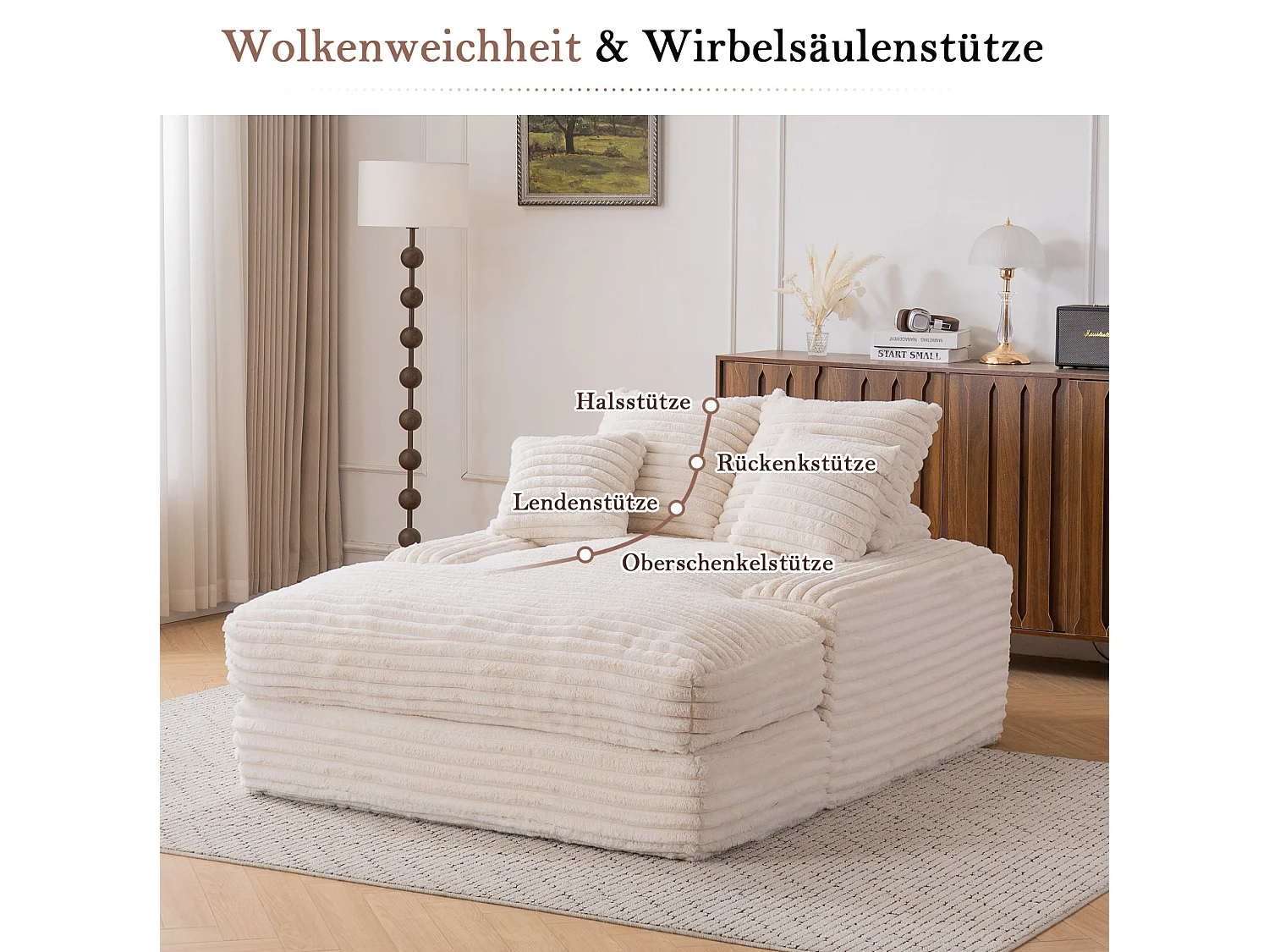 Chaise longue in velluto a coste beige, 135 x 165 cm, con 4 cuscini, non richiede montaggio